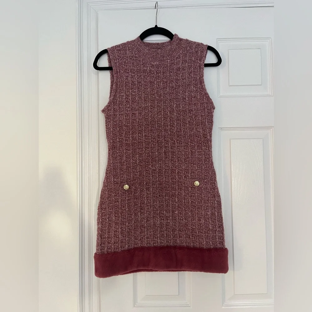 Zara Sleeveless Maroon Knit Dress with Faux Fur Trim - Picture 2 of 10